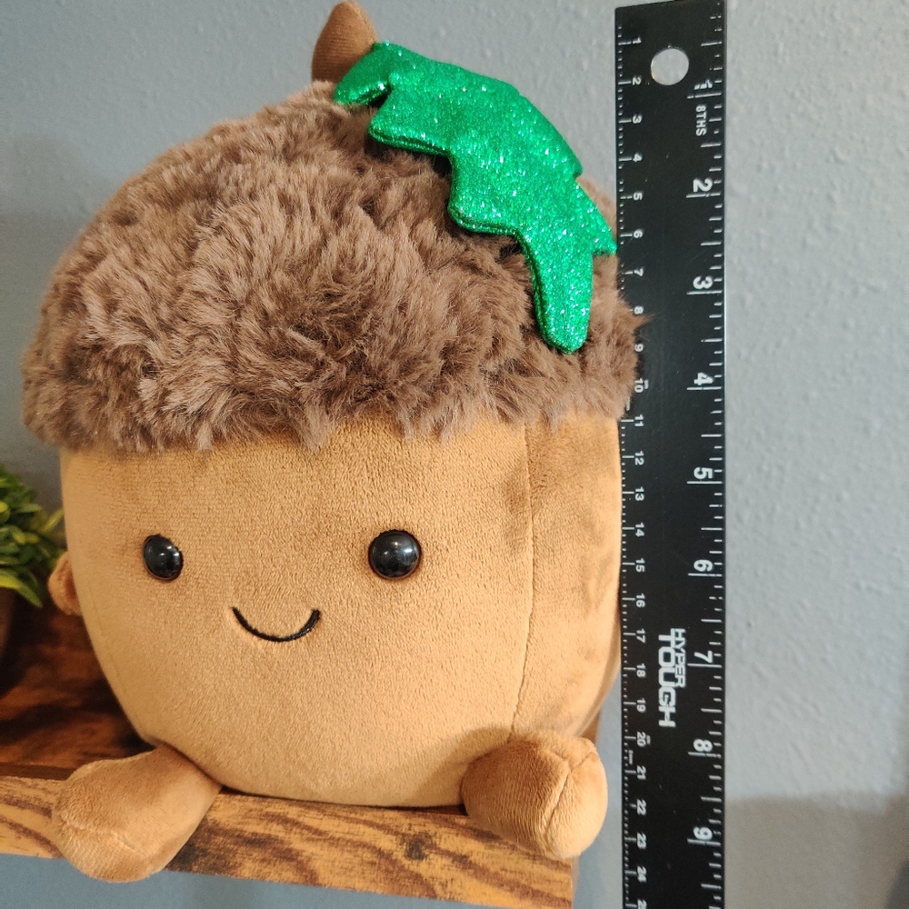 Cute Acorn Plush Toy Fao Scwarz Stuffed Kids Toy Sparkly Green Leaf Smiley Face - Picture 6 of 6
